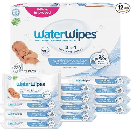 WaterWipes Sensitive+ Newborn & Baby Wipes, 3-In-1 Cleans, Cares, Protects, 99.9% Water, Unscented & Hypoallergenic, 720 Count (12 Packs)