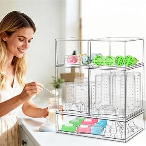 Baby Bottle Organizer, 5Pack Stackable Organizers with Drawers, Clear Storage Station Organization, Acrylic Container for Countertop Cabinet Bottles Undersink Bathroom Pantry Makeup Vanity (Clear)