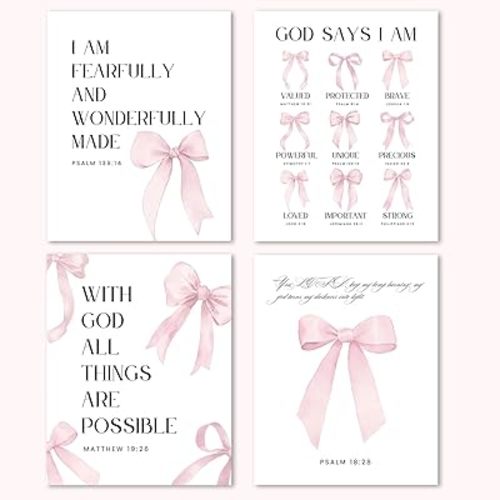 BONETAT Pink Bow Room decor Bible Verses Wall art Posters, Coquette Room Decor and Pink Room Decor For Teen Girls, 8x10 inch girl bathroom decor aesthetic poster with gift box packaging Set of 4 pcs- A02