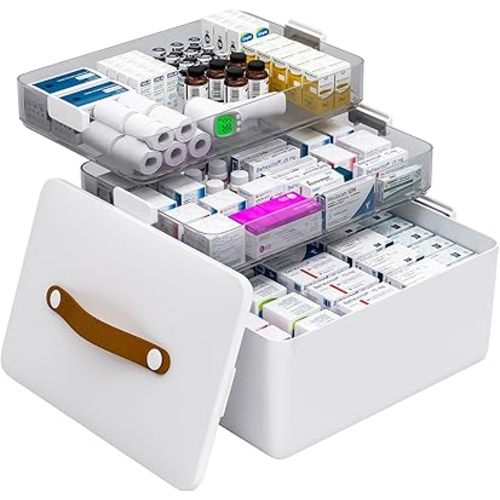 JOYBOS 3-Tier Medicine Cabinet Organizer, Empty First Aid Kit Portable Medicine Storage Box with Leather Handle for Home