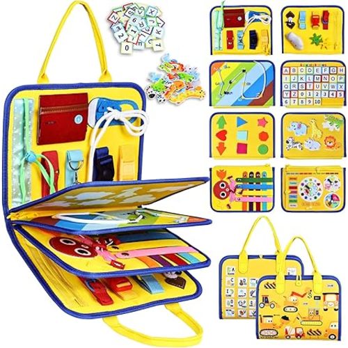 Esjay Toddler Busy Board Montessori Toys for Boys Girls, Sensory Book Educational Activities for Learning Fine Motor Skills, Birthday Gifts for Toddlers, Travel Toys for Airplane Car, Yellow Truck