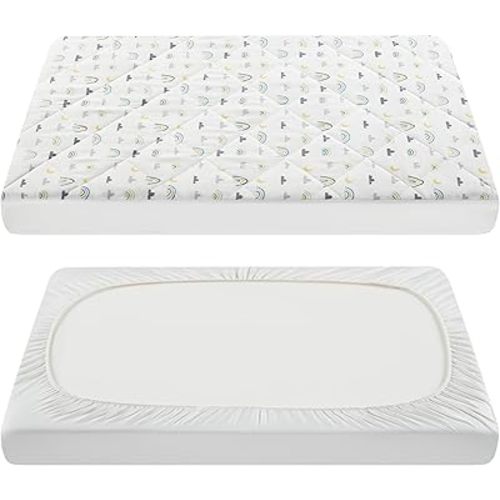 TILLYOU Pack and Play Sheet - Soft Quilted Crib Cover Pad, Toddlers Mattress Protector with 1''-3'' Deep Pocket, Thick Play Yard Playpen Sheets, Crib Mattress Pad 39"x27", Raindrop