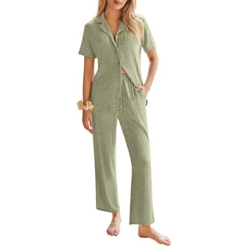 Ekouaer Womens Rib Knit Pajamas Button Up Lounge Sets Short Sleeve Top and Long Pants Matching Pjs Sleepwear Loungewear