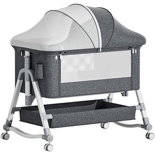 Jaoul 4 in 1 Baby Bassinet Bedside Sleeper Baby Crib, Adjustable Cosleeper for Baby, Easy Folding Portable Baby Bed Rocking Bassinets with Comfy Mattress Mosquito Net Storage for Infant Newborn Gray