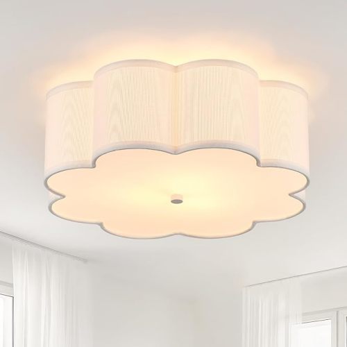 Modern Drum Semi Flush Mount Ceiling Light 3-Lights Modern 17.71" White Drum Ceiling Lighting Fixture Vintage Modern Linen Ceiling Lamp for Kitchen, Basement, Bedroom, Laundry Room
