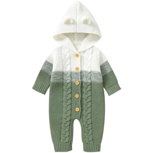 OBEEII Newborn Knitted Outfits Baby Girls Boys Cable Knitted Sweater Romper with Hooded 3D Bear Ear Winter Outerwear