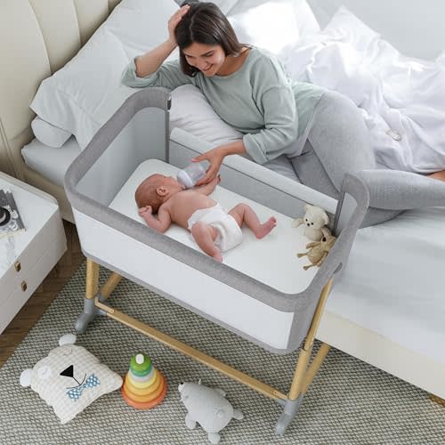 AMKE Baby Bassinets,All mesh Bedside Sleeper,Portable for Safe Co-Sleeping,Adjustable Crib,Baby Bed for Infant Newborn (Wood Grain Gray)