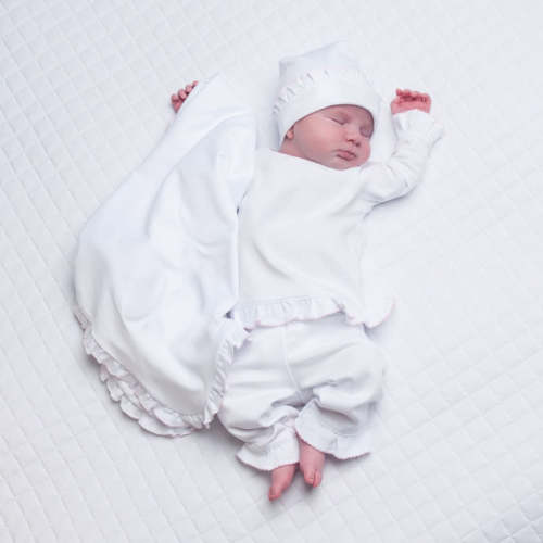 Essentials White Ruffle Pant Set with Pink Picot Trim