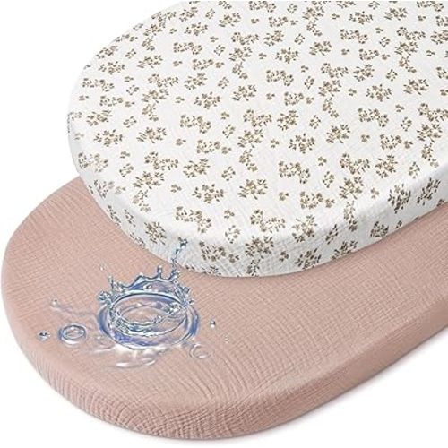 Baby Bassinet Sheets TPU Waterproof 2 Pack Soft Muslin Bedside Bassinet Mattress Sheets with Bottom Elastic Band for Baby Boy Girls Unisex Fit Hourglass Oval and Rectangle, Brown Flowers