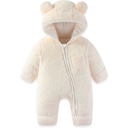 Newborn Baby Bear Outfit With Fold-Over Mittens and Footies Girls Boys Winter Fleece Clothes Hooded Romper Snowsuit