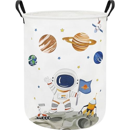 Round Laundry Hamper Foldable Canvas Waterproof Gift Basket Storage Bin sundries Hamper for Living Room Bedroom（Space Astronauts）