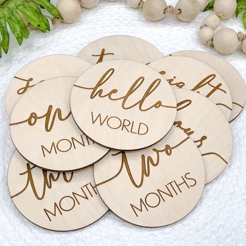 Baby Monthly Milestone Marker Discs with Personalization, Engraved Wood Monthly Milestone Markers