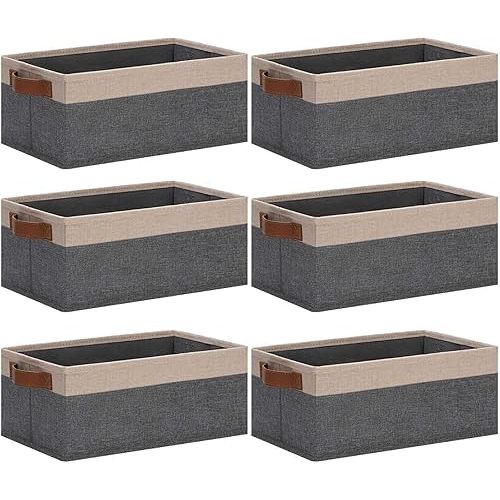GhvyenntteS Small Fabric Storage Bins 6 Pack, 11.8" x 7.87" x 5.11" Storage Basket with Leather Handles, Closet Storage Bins for Shelves, Storage Baskets for Shelves, DVD Storage (Grey/Beige Yellow)