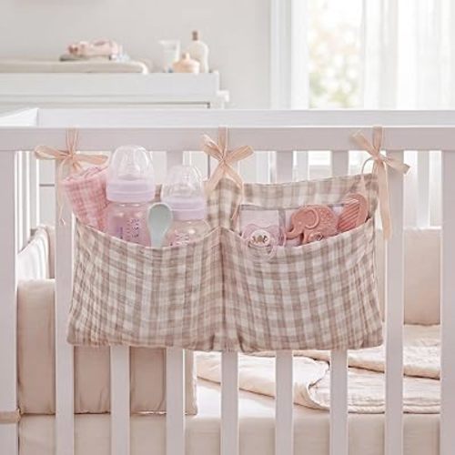 Gingham Diaper Bag Organizer Playpen Organizer Hanging Cotton Crib Storage Bag For Baby girl's room (Blue)(Beige)