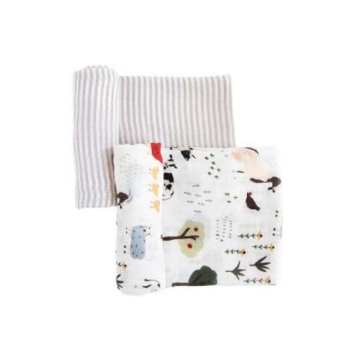Red Rover Organic Cotton Muslin Swaddle Blanket - Family Farm - 2pk