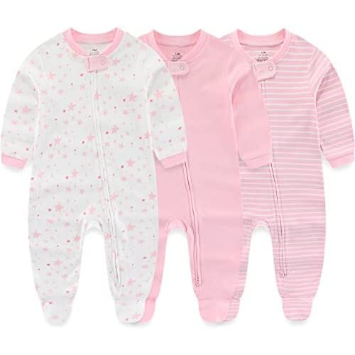 Newborn Baby Boy Girls Clothes 2-Way Zip Footed Cotton Bodysuit 3-Pack Long Sleeve Outfits 0-12Months Baby Pajamas