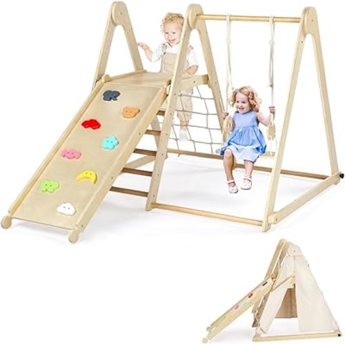 JOYMOR 7-in-1 Indoor Jungle Gym Foldable Climbing Set with Adjustable Swing & Secret Base Playground, Wooden Indoor Gym for Toddlers with Net, Ladder, Colorful-Patterns Rock Wall