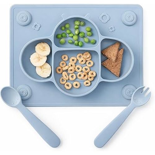 ROCCED Suction Plates for Baby placemat Spoon Fork Set for Toddlers, Silicone Baby Plates with Suction Baby Dishes for Kids Plates-Dusty blue