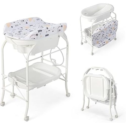 HONEY JOY Baby Changing Table with Bathtub, Foldable Infant Diaper Changing Station with Wheels, Storage Tray, Waterproof Pad, Portable Newborn Nursery Organizer Bath Stand for Boys Girls (White)