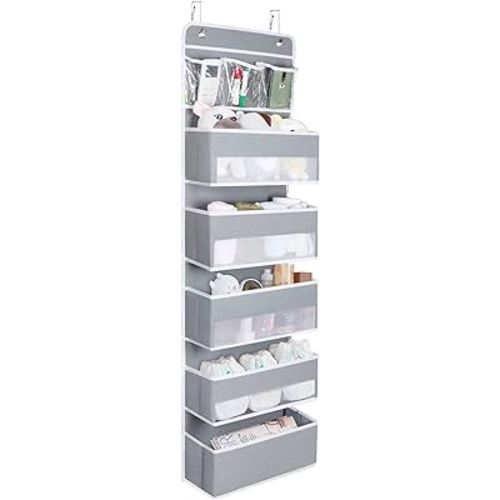 Univivi Over Door Hanging Organizer Storage with 5 Large Pockets and 3 Small PVC Pockets for Cosmetics Wall Hanging Storage Organizer for Pantry Baby Nursery Bathroom Closet Dorm(Grey)