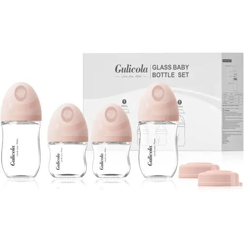 Gulicola Natural Glass Baby Bottles Set 4 Pack, Newborn Girl Breastfeeding Bottles with Slow Flow Nipples, 0 Months+, 3 oz & 5 oz - Pink