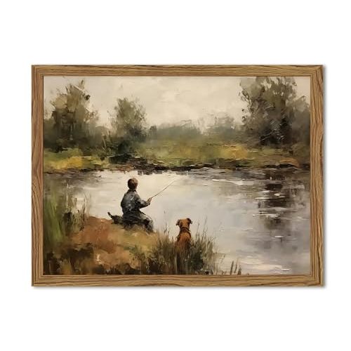 Vintage Wall Art, Boy Fishing Wall Decor Paintings, Dog and Boy Landscape Canvas Prints Vintage Country Farmhouse Artwork for Bedroom Living Room 10x8 inch Wood Framed