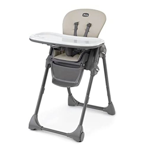 Chicco Polly Space-Saving Foldable High Chair with Easy-Clean Seat Pad, High Chair for Babies and Toddlers with Multi-Position Recline and Height Adjustment, for Children up to 40 lbs., Taupe/Beige