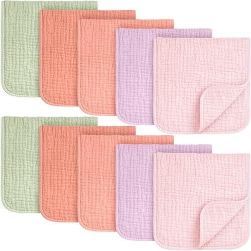 KeaBabies Organic Muslin Burp Cloths Baby Boy, Girl – 10-Pack 100% Cotton Muslin Burping Cloths for Babies, Newborn, 21x10 Large & Absorbent Spit Up Rags, Baby Washcloth, Infant Towels (Muted Pastel)
