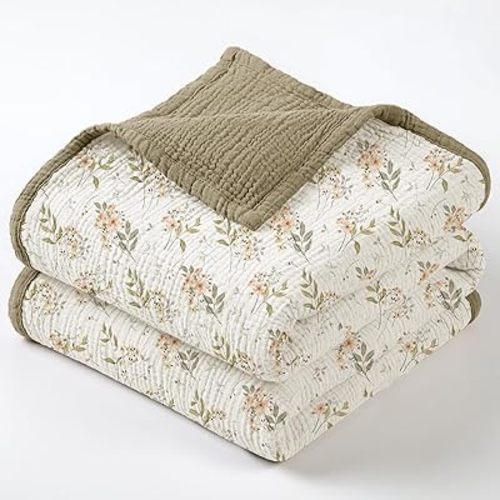 lulumoon Muslin Baby Blanket for Newborns: Breathable Crib Blanket with Floral Print - Cotton Bedding for Nursery 47x47 Inches (Olive Flower)