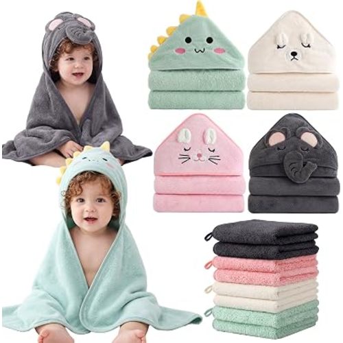 12-Piece Baby Towel Set – 4 Hooded Bath Towels (31"x31") + 8 Washcloths (10"x10") – Soft & Absorbent for Newborns, Infants, Toddlers & Kids – Unisex Gift for Baby Boy or Girl