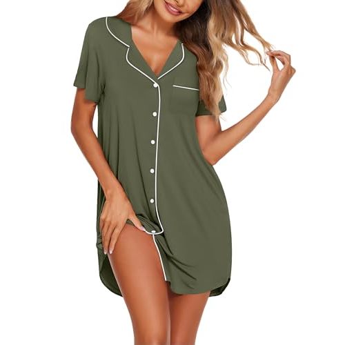 Ekouaer Womens Nightgown Button Down Night Gowns Short Sleeve Sleepshirt V Neck Nightshirt Soft Sleepwear S-XXL
