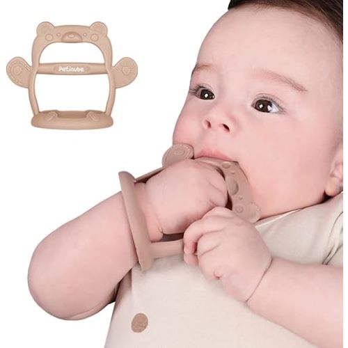 Anti-Dropping Silicone Baby Wrist Teether Soothing Pacifier for Infants 3+ Months Babies, Pack of 1, Made in Korea (Bear-Cozy Beige)