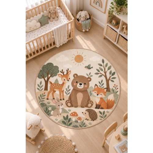Woodland Animals Round Kids Rug - Forest Nursery Carpet for Playroom - Washable Non-Slip Baby Room Mat.