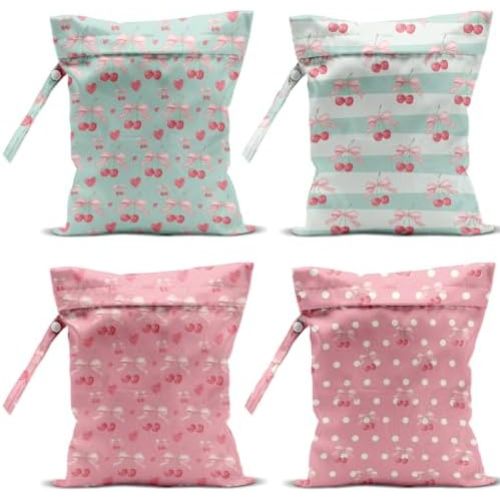 4 Pack Cute Bow Cherry Wet Bag Waterproof Washable Reusable Wet Dry Bag for Swimsuit Dirty Clothes Soiled Items Cloth Diaper Travel Beach Pool Yoga Gym Toiletries Travel Beach Essentials