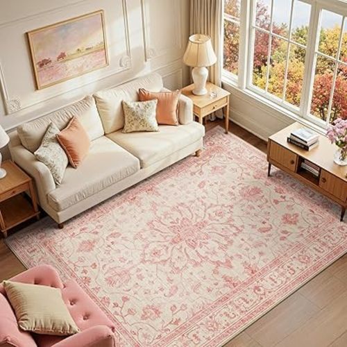 RELEANY Area Rugs 6'x9' Washable Non-Slip, Floral Vintage Distress Medallion Carpet for Living Room Bedroom Dining Room, Pink Light Vintage Pink