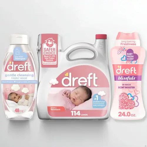Dreft Newborn Baby Laundry Starter Kit: Newborn Laundry Detergent, Laundry Scent Booster Beads, and Gentle Cleansing Fabric Rinse, Hypoallergenic, Dermatologist Tested on Sensitive Skin