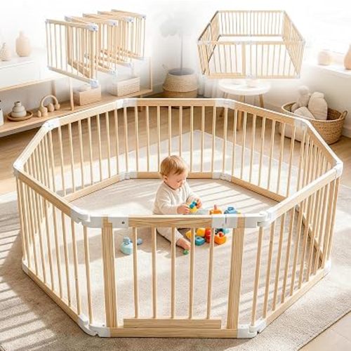 Baby Playpen, 56 * 56 * 24 inches Wooden Play Yard with Gate, Playpen for Babies and Toddlers, Baby Activity Center with Child-Proof Lock, Fence Play Area for Toddlers 6 to 36 Months