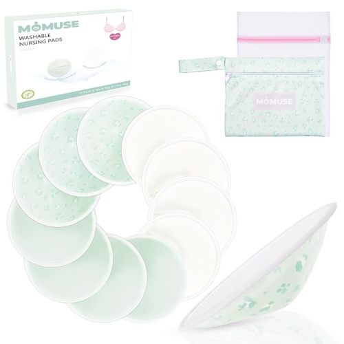 MOMUSE Reusable Nursing Pads 12 Pack,Soft 4 Layers Fabric & Super Absorbent Breathable Breast Pad,Portable Washable Nursing Pads for Breastfeeding Essentials,Waterproof Bag + Wash Bag
