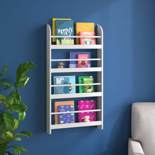 Homfa 4-Tier Wall Bookshelf, 44.5"H Wall Mounted Kids Bookshelf, Book Storage Rack for Kids Room, Nursery, White
