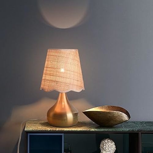 Gold Bedside Lamp for Bedroom, Brass Gold Mini Table Lamp for Nightstand, Scalloped Rattan Shade Lamp for Small Spaces