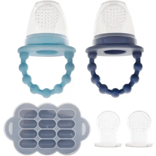WeeSprout Silicone Baby Food Feeders + Freezer Tray for Batch Prep, Set of 2, Introduce New Foods Safely, Double as Teething Toys, Includes 2 Extra Pouches & Travel Lids, Dishwasher Safe