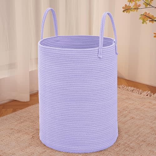 Large Woven Laundry Basket Hamper,60L Cotton Rope Storage Bin for Blankets,Toys and Clothes,Decorative Tall Nursery Hamper for Living Room,Baby Nursery,Bathroom and Bedroom,Purple