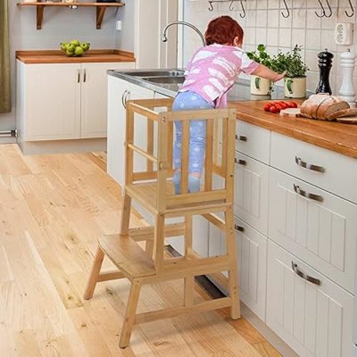 COSYLAND Baby and Toddler Step Stool Kitchen Nursery Helper Stand with Safety Rail in Natural Bamboo, Strong and Lightweight Toddler Kitchen Stool Helper - Natural