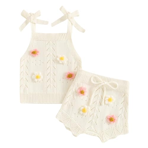 Doisbetthsay Toddler Girl Fall Outfits Knit Baby Clothes Tie-up Camisole With Elastic Waist Shorts 2 Pcs Clothing Set