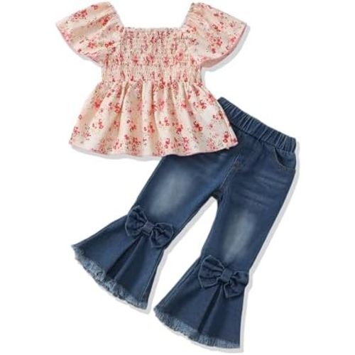 Baby Girl Clothes Toddler Girl Outfits Kids Puff Sleeve Shirt Top Flare Denim Pants Jeans Clothing for Little Girls
