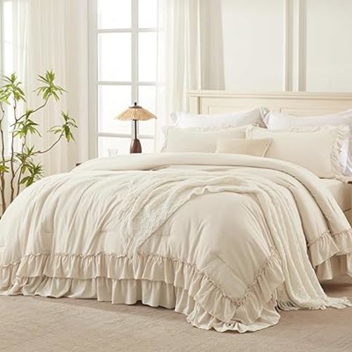 Andency Beige Comforter Set King Size, 3 Pieces Lightweight Fluffy Solid Ruffle Comforter Set, All Season Soft Microfiber Farmhouse Shabby Chic Bed Set(Beige, 104x90Inch)