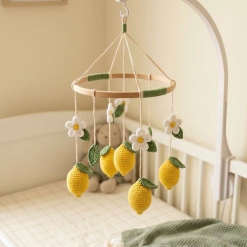Crochet Lemon Baby Mobile – Handmade Crib Mobile with Flowers, Lemon Nursery Decor, Baby Shower Gift