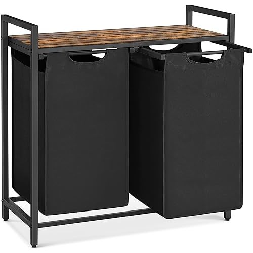 VASAGLE Laundry Hamper, Laundry Basket, Laundry Sorter with 2 Pull-Out and Removable Bags, Shelf, Metal Frame, 2 x 12.1 Gallons (46 L), 28.8 x 13 x 28.4 Inches, Ink Black and Rustic Brown UBLH201B01