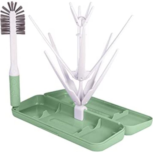 Ubbi On-The-Go Drying Rack and Brush Set, includes Travel Case and Bottle Brush for Compact Storage, Holds Up to 8 Bottles, Baby Travel Accessories, Sage