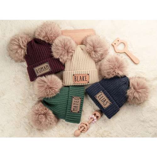 Custom Newborn Baby Pom Beanie Hat,Personalize Baby/Infant Pom Beanie with Name,Personalized leather patch beanie,Custom newborn hat gift